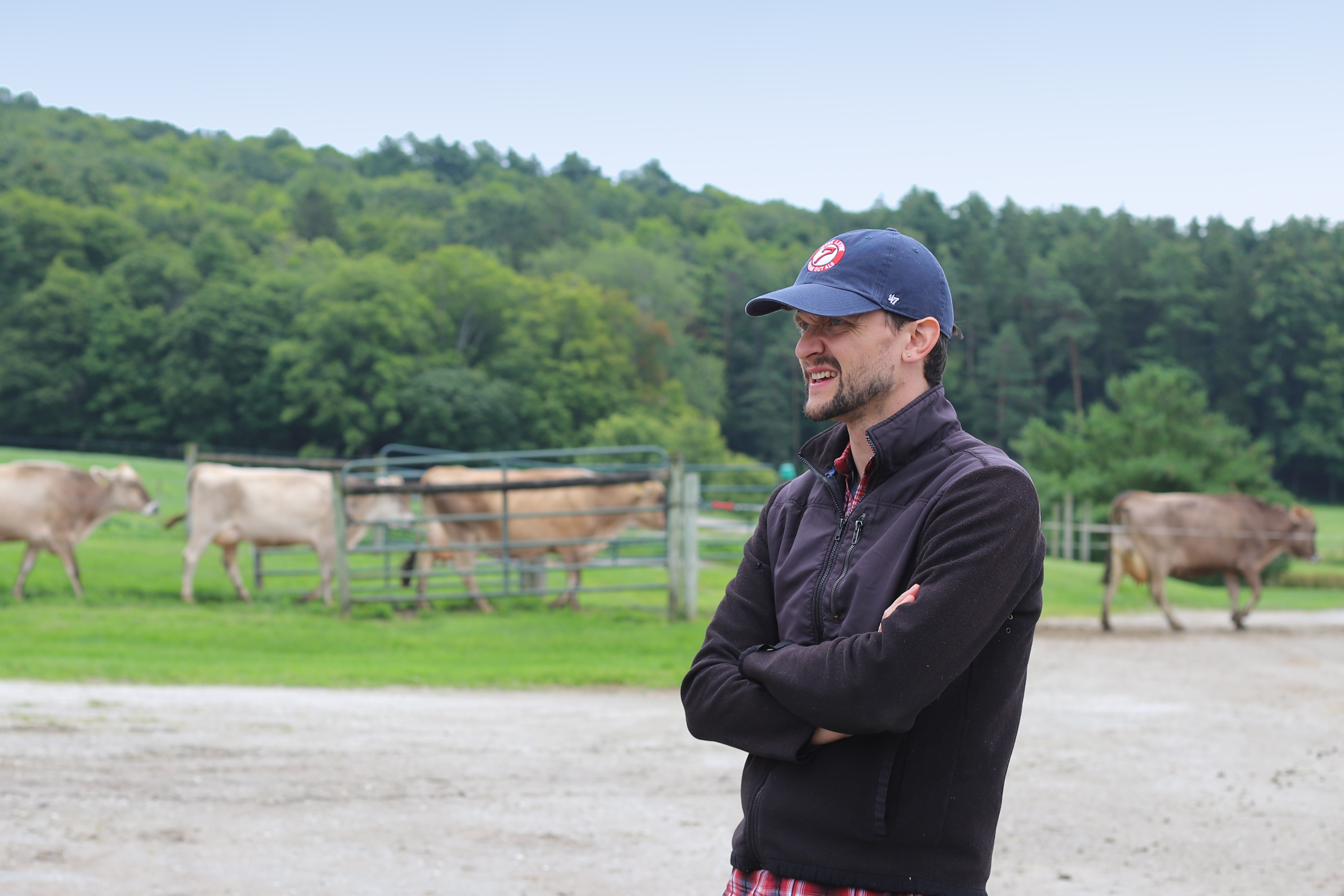 Man in hat at a dairy with cows walking behind him.