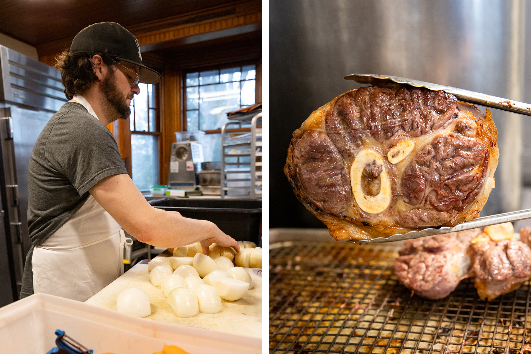 Left: A chef processes onion. Right: Close-up view of a roasted beef shank with a bone marrow section, glistening as it is held up by tongs.