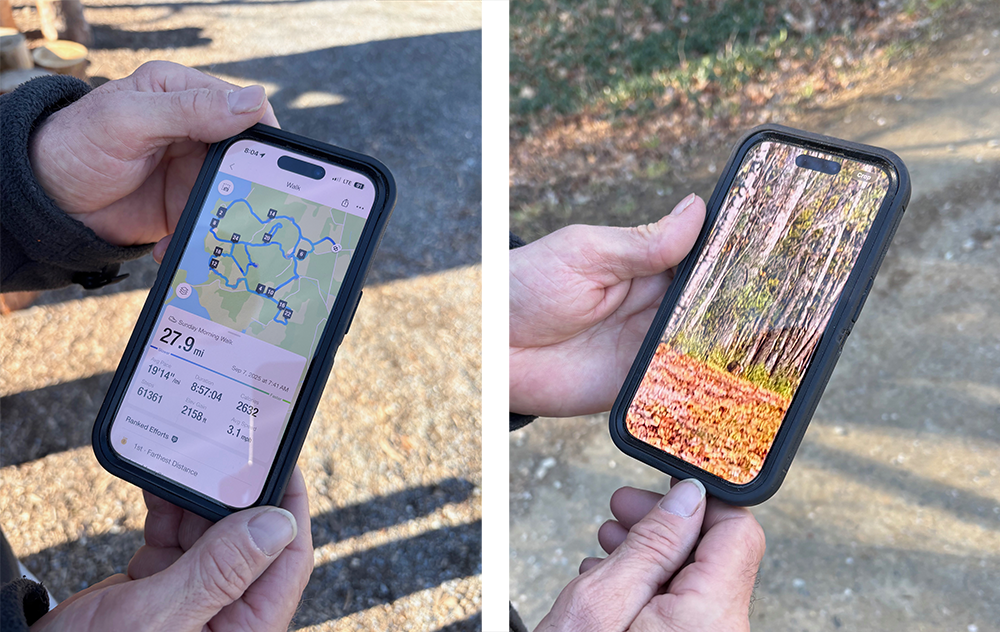side by side photos of closeups of a cell phone screen held by a man's hands. one shows a map of a walking route, one shows a photo of fall foliage