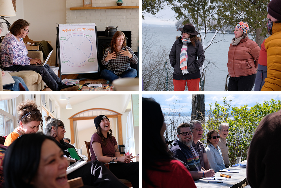 A collage of people at Shelburne Farms retreats throughout the seasons