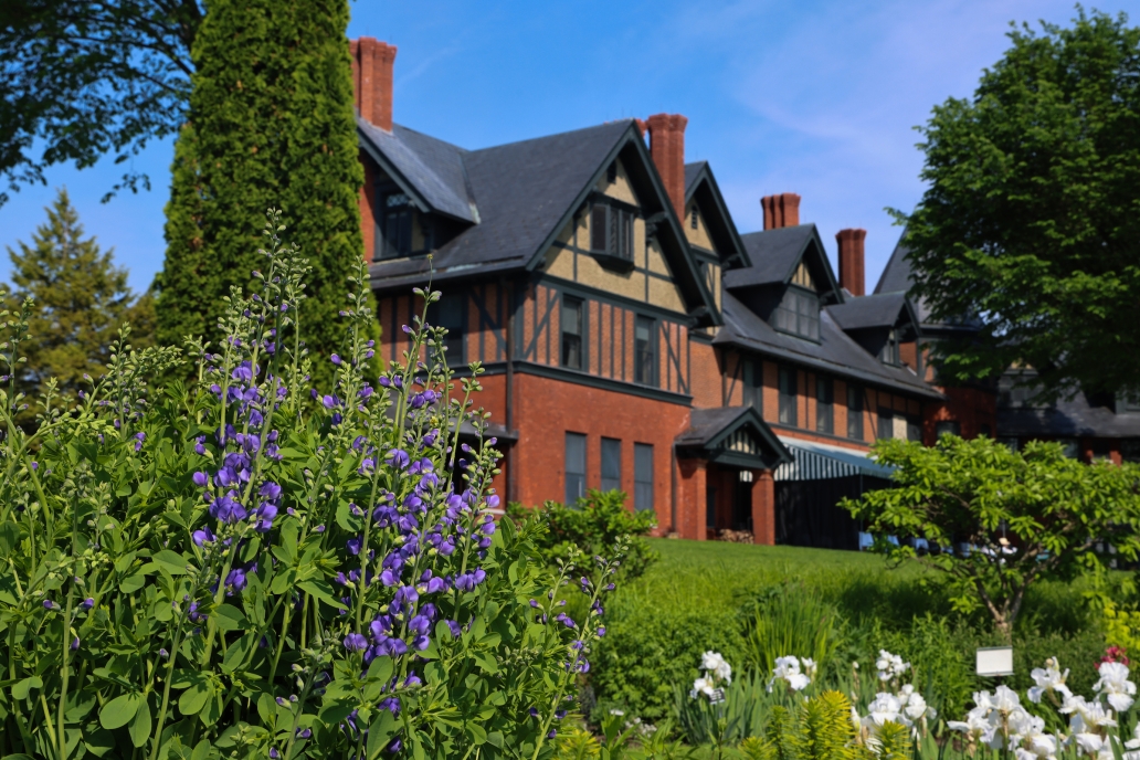 A few of flowers in the Shelburne Farms Inn Formal Flower Gardens, with the structure of the Inn visible in the background.
