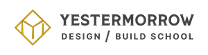 Logo for "Yestermorrow Design / Build School" features a golden line drawn diamond with three dimension cube-like lines in the middle. 