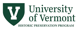 University of Vermont Historic Preservation logo features a green shield with a "V" in the center
