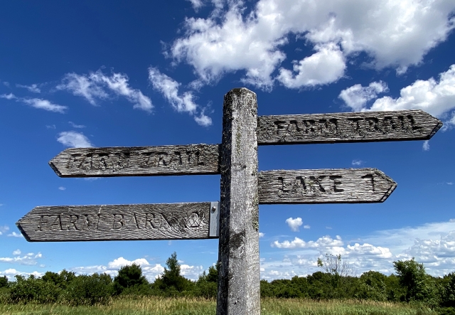 A weathered wooden trail signpost against a blue sky and green fields