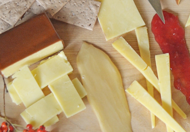 bird's eye view of a plate of cut cheeses
