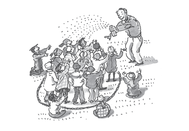 An illustration of a group of small children being sprayed by a person with a hose