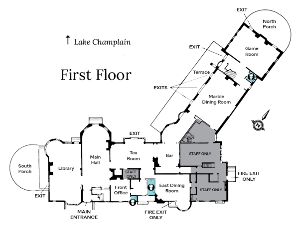 Floor map of the first floor of Shelburne Farms Inn.