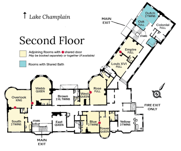 Floor map of the second floor of Shelburne Farms Inn.