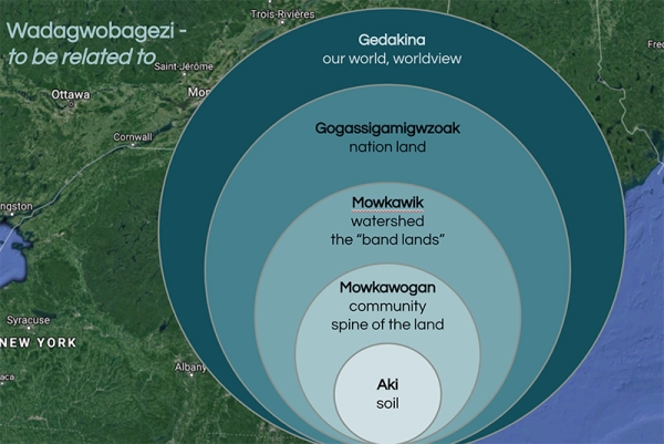 A graphic of Wadagwobagezi, over a map of New England
