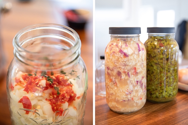 The ingredients before and immediately after the vinegar was poured to cover. The jar on the far right has been steeping much longer.